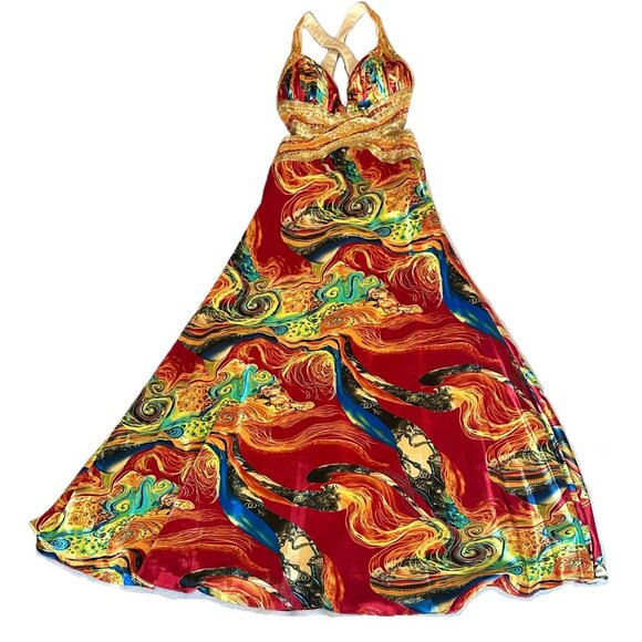 Vibrant Multicolor Sequin Satin Gown Open Back Floor Length Formal Dress Size 4 - Picture 1 of 14